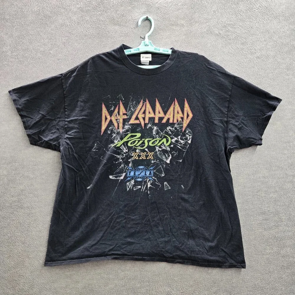 Def Leppard Men Shirt 2XL Black Graphic Print Tesla Tour Band‎ Tee Logo